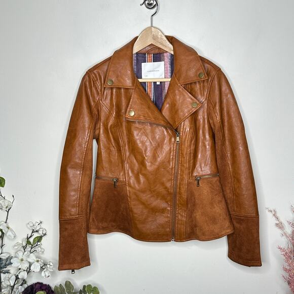 ANTHROPOLOGIE Robyn Faux Leather Moto Jacket Suede Cognac Tan Brown Sz S - Picture 3 of 6